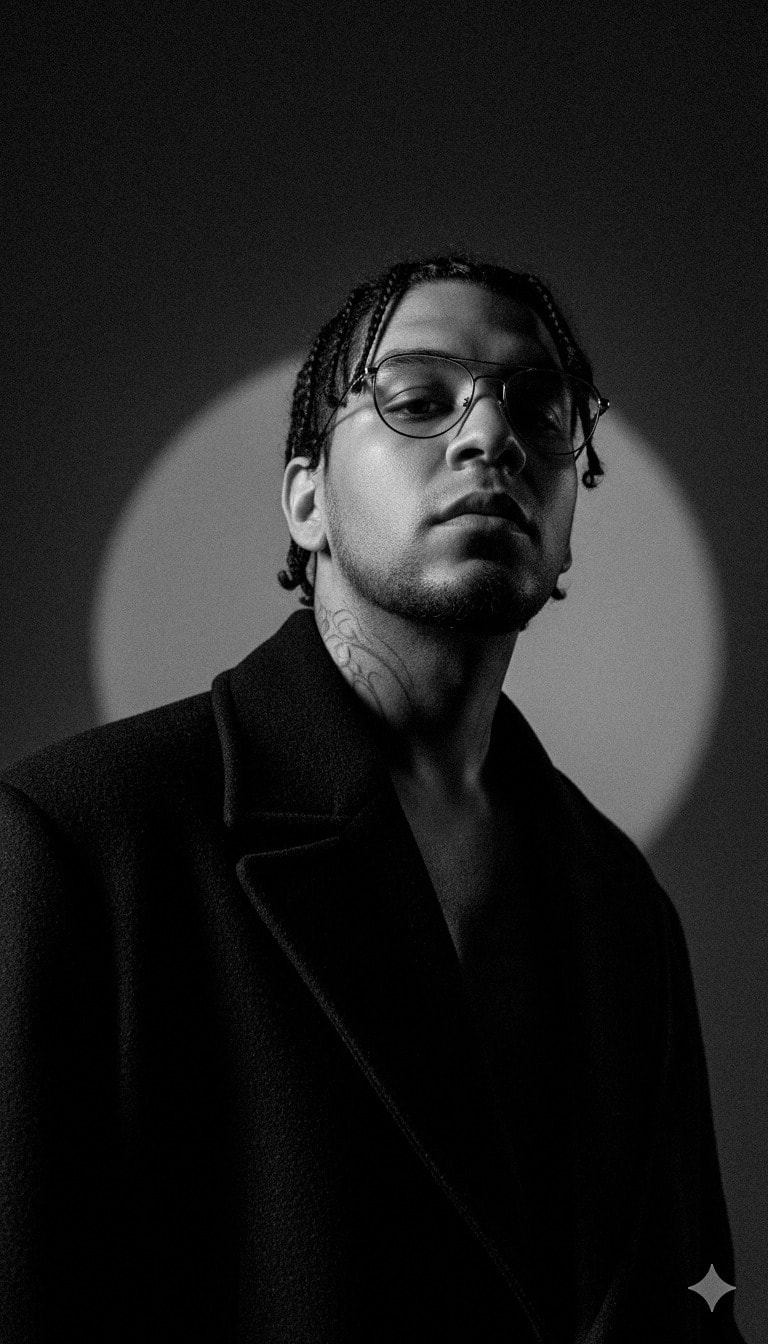 Foto de Law em preto e branco, de terno.